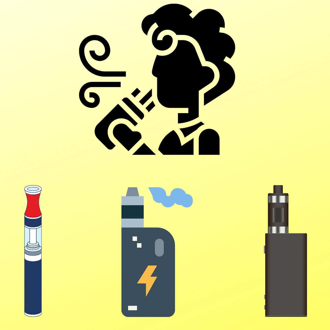 woman vaping with multiple vapes in front of her with yellow background