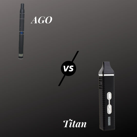 AGO Vaporizer and Titan Vaporizer with the versus symbol in the middle 
