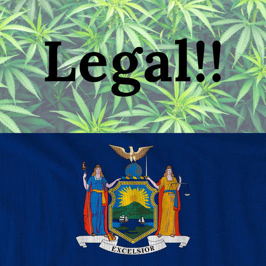 New York State flag with weed in the background and text saying Legal!!
