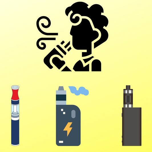 woman vaping with multiple vapes in front of her with yellow background 
