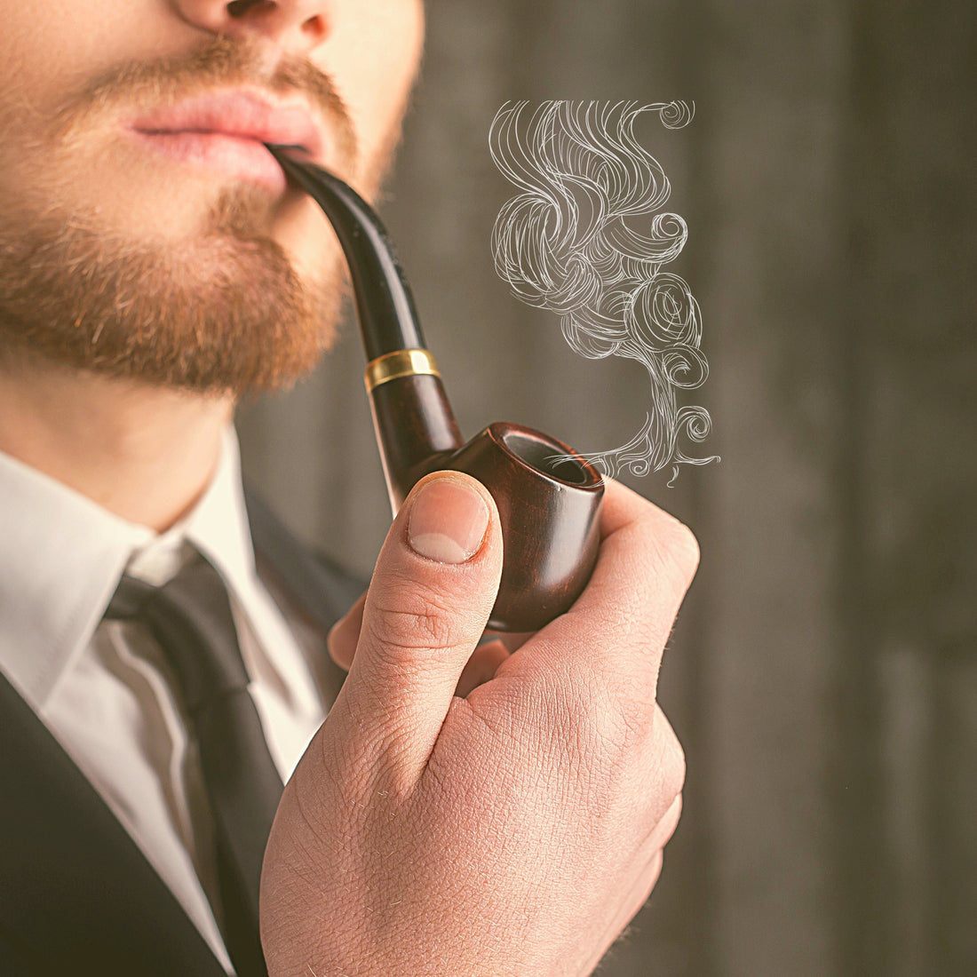 Close up of man puffing a classic sherlock pipe