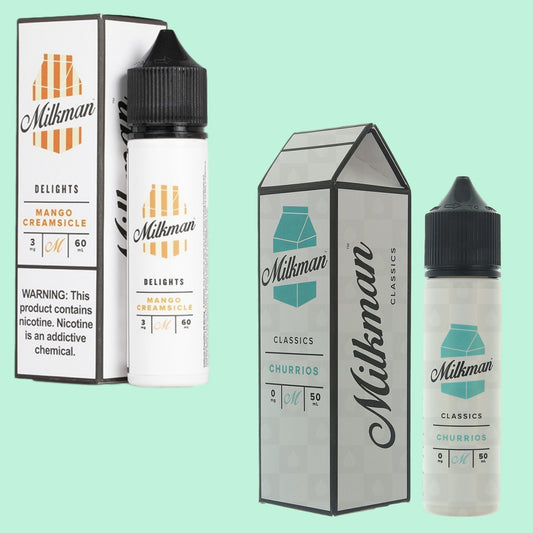 two milkman e-juice white packaging green background