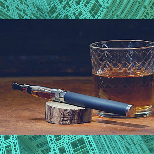 Glass of Whiskey and Vape on Wooden Coaster